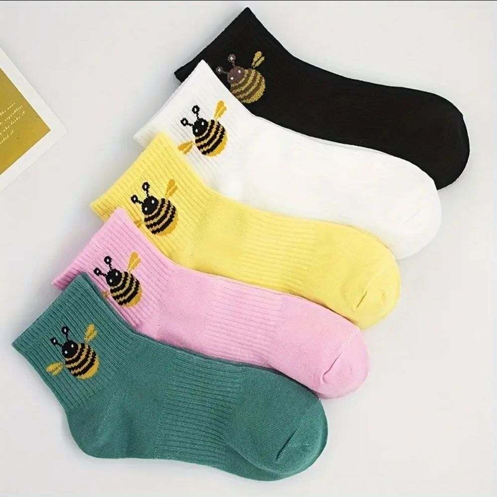 Colorful Bee Embroidered Ribbed Socks Set Ankle Socks - Picture 3 of 6